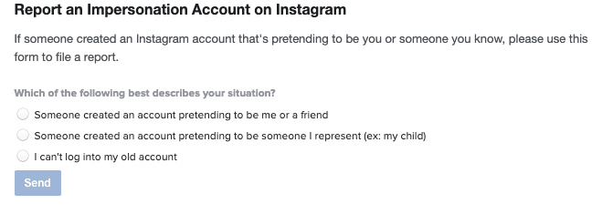 Instagram impersonation report screenshot of initial options