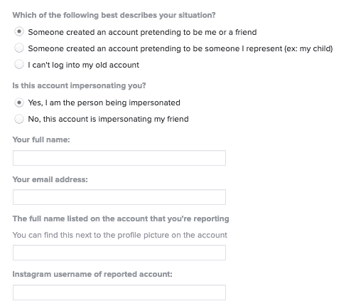 Instagram impersonation report screenshot of additional information
