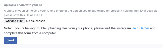 Screenshot of ID requirements for Instagram impersonation report form