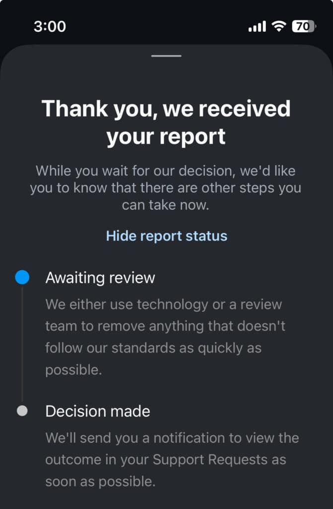 Screenshot of Instagram's thank you page after submitting a report