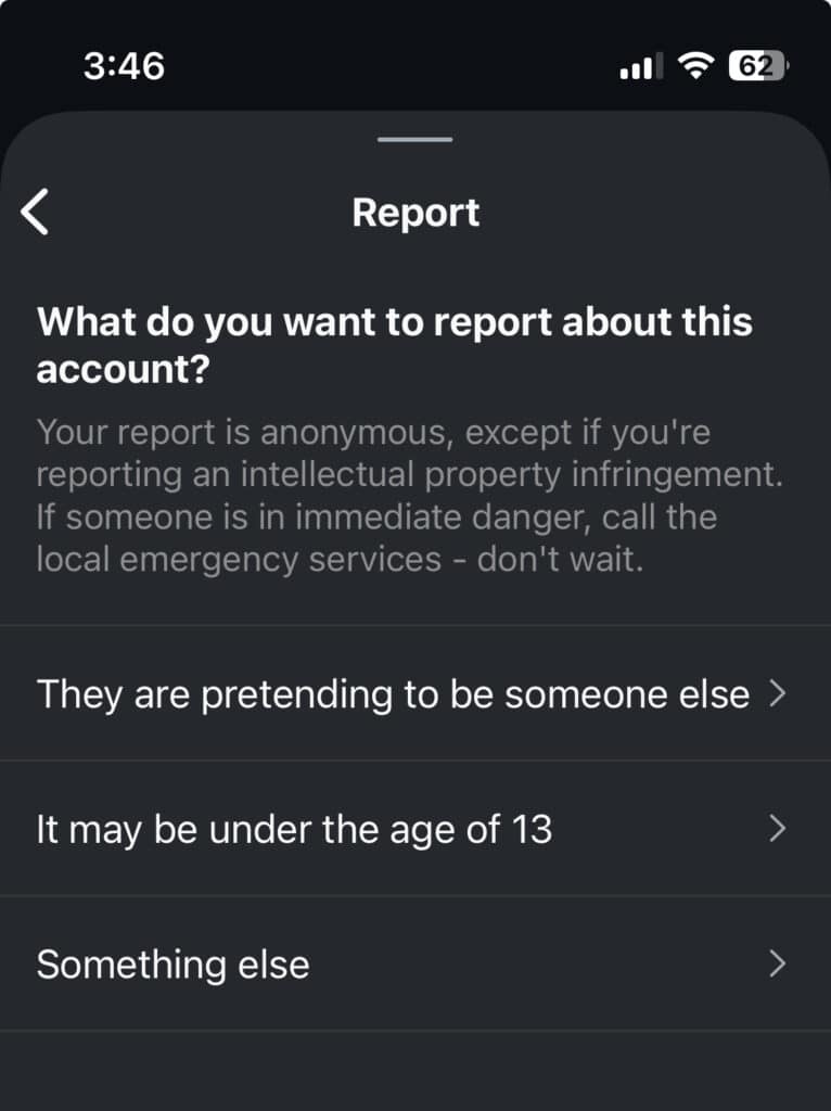 Screenshot of Instagram asking what about the account to report