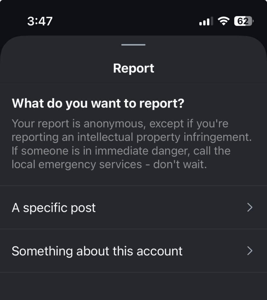 Screenshot of Instagram report menu asking what do you want to report