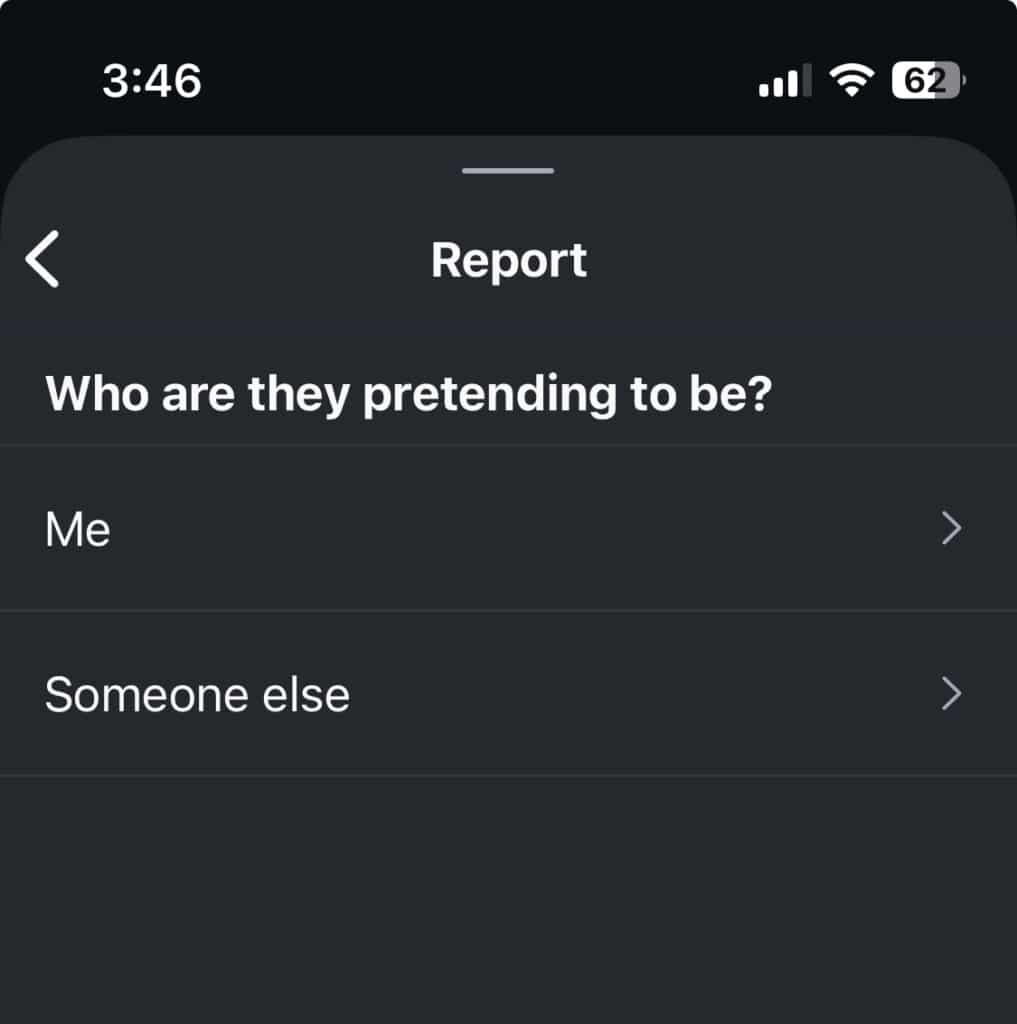 Screenshot of Instagram impersonation report asking who to report