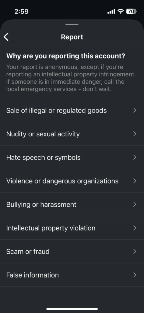 Screenshot of Instagram report menu list of other reasons