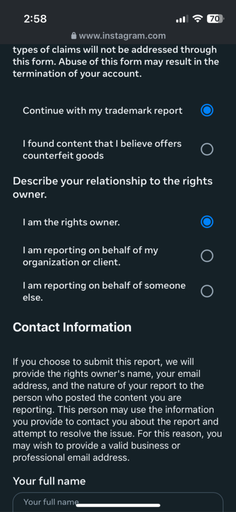 Screenshot of the rights ownership section on the Instagram trademark report form