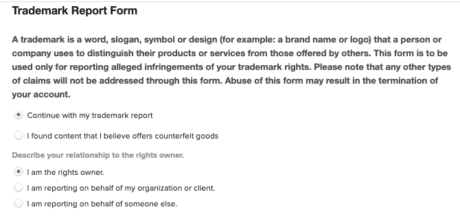Screenshot of Instagram's trademark report form on desktop