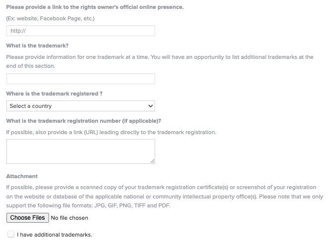 Screenshot of the trademark information section of Instagram's trademark report form