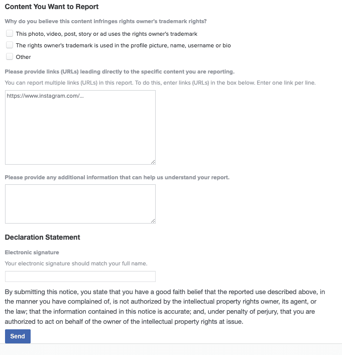  Screenshot of Instagram's trademark report form submission