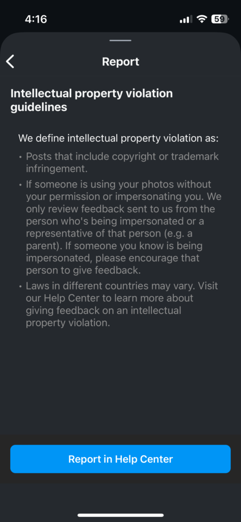 Screenshot of Instagram mobile menu option to report trademark infringement in help center