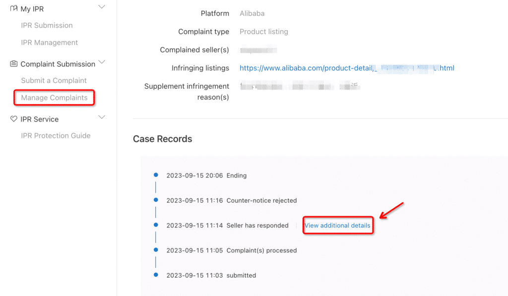 Screenshot of Alibaba IPP Platform showing complaint details