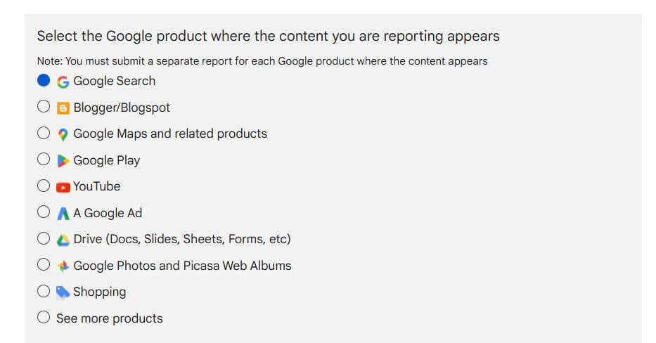 screenshot of Google's legal help tool asking about where the content appears