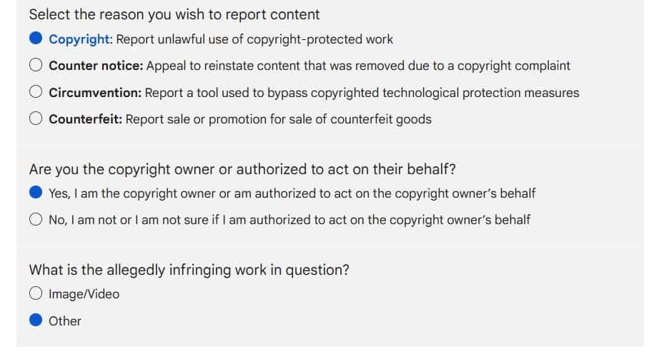Screenshot of Google's legal help tool with questions about the type of IP