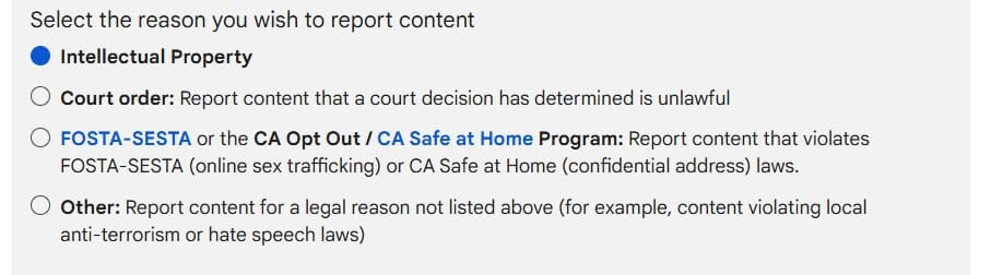 Screenshot of Google's legal tool selection options for reporting reasons