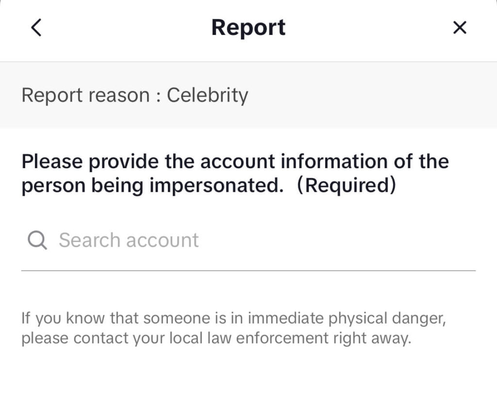 Screenshot of TikTok's report screen for account impersonation