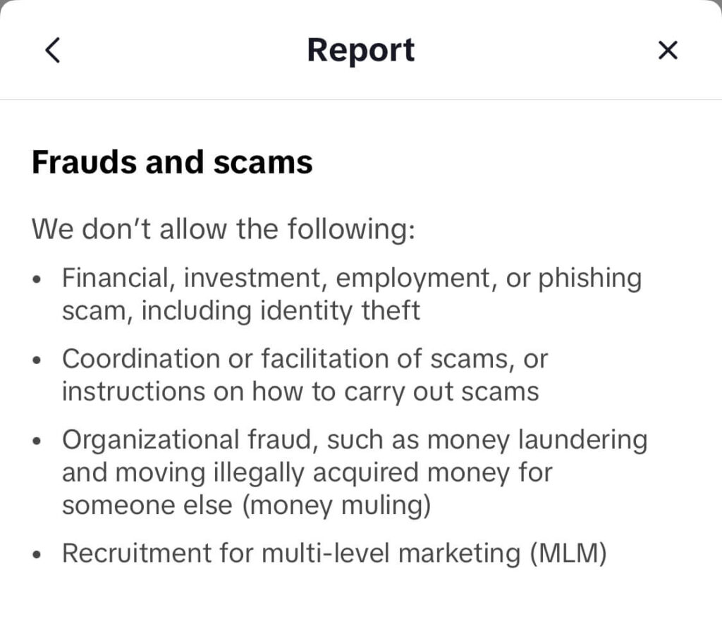 Screenshot of TikToks report screen for frauds and scams