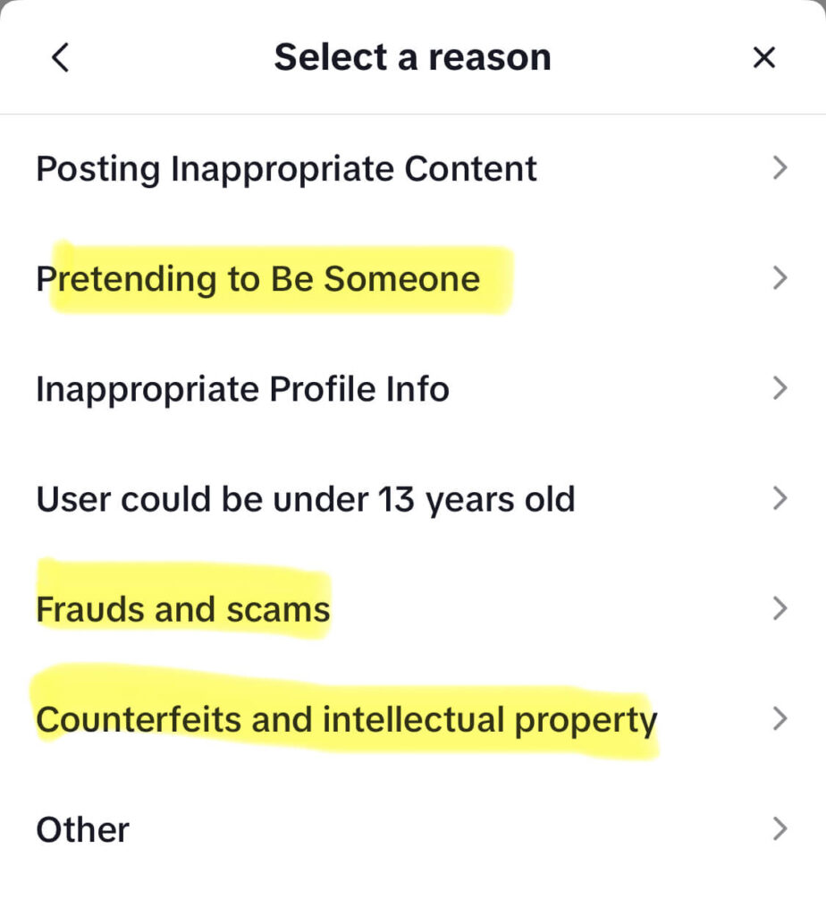 Screenshot of TikTok's reasons to report an account