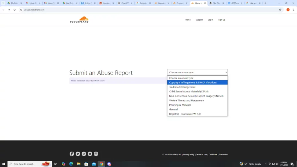 Abuse type drop-down menu on Cloudflare’s abuse report form.