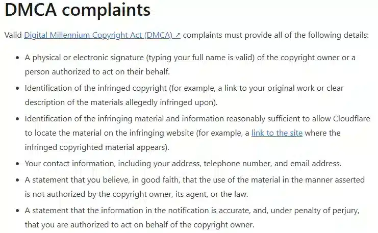 Requirements for filing a Cloudflare DMCA takedown.