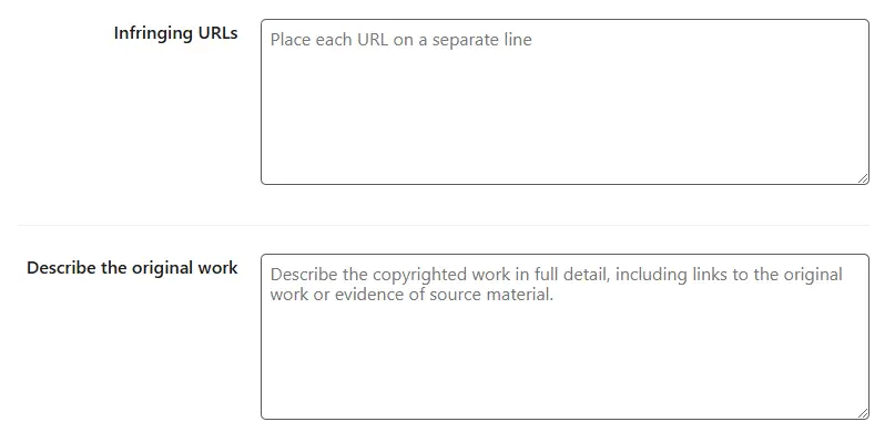 Information boxes via the Cloudflare abuse report form to be used for evidence validating the copyright infringement and proof of ownership.