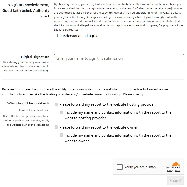 512(f) acknowledgment, digital signature, and notification notices required to complete to file a Cloudflare abuse report.
