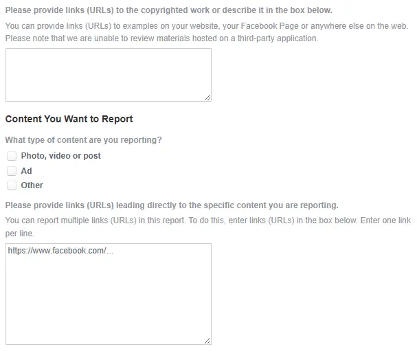 Screenshot of a Facebook form requesting URLs to the original copyrighted work and specific infringing content, with options to report photos, videos, posts, or ads.