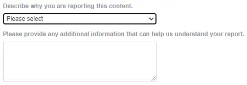 Screenshot of a form asking users to describe the reason for reporting content and provide additional information to clarify their complaint.