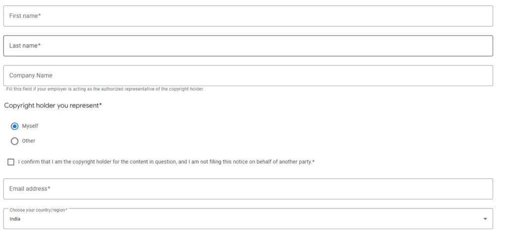 Google’s copyright infringement form with fields for first name, last name, company name, email address, and country selection. It also has a checkbox for confirming copyright ownership.