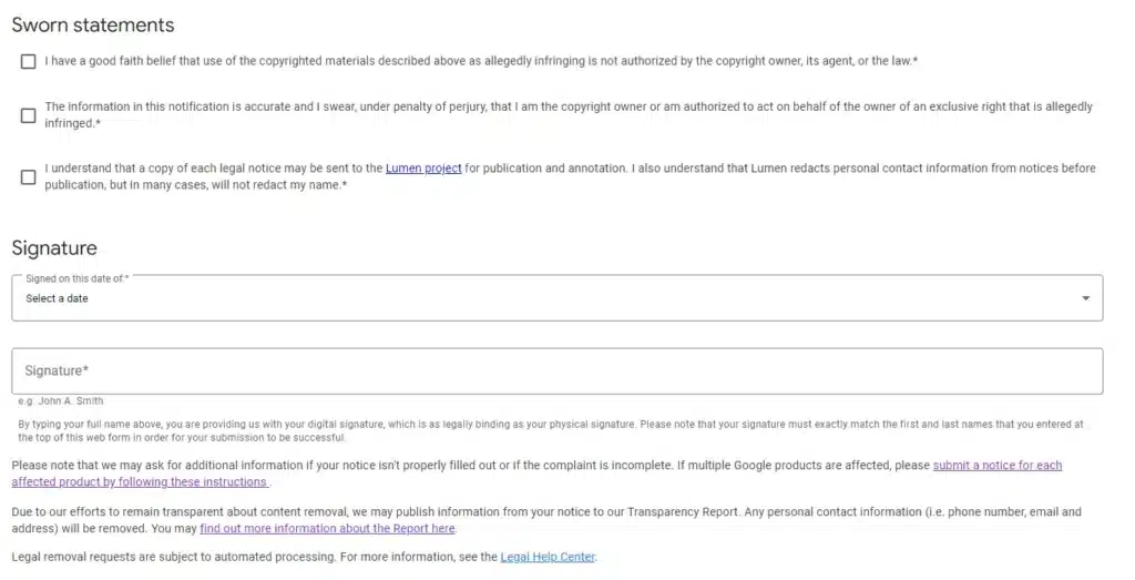 The final section of Google’s copyright infringement form showing sworn statements checkboxes, signature fields, and legal disclaimers about the Lumen project and transparency reporting.