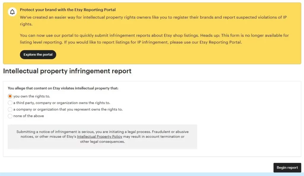 Screenshot of Etsy's IP infringement reporting options