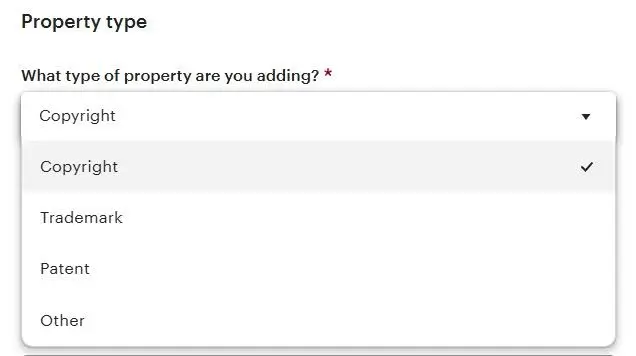 Dropdown to select what type of IP property you are adding