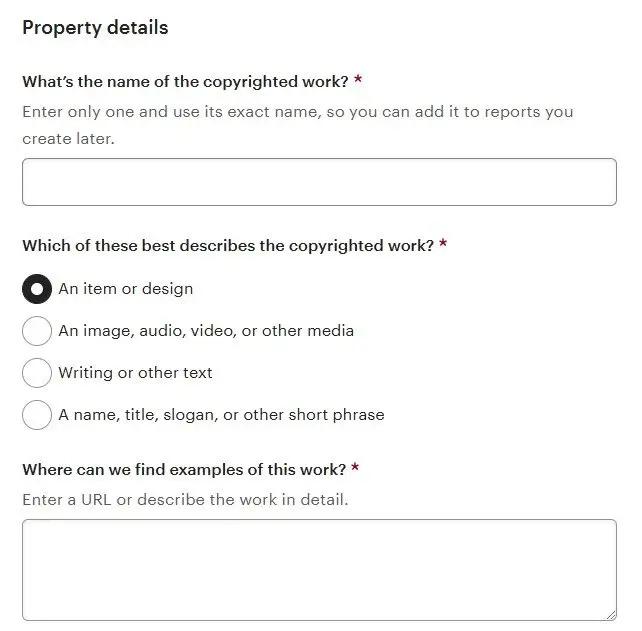 Form to select the type of copyrighted work you are reporting with a box to include examples