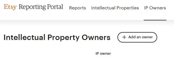 Screenshot of Etsy's IP report portal highlighting the owners section