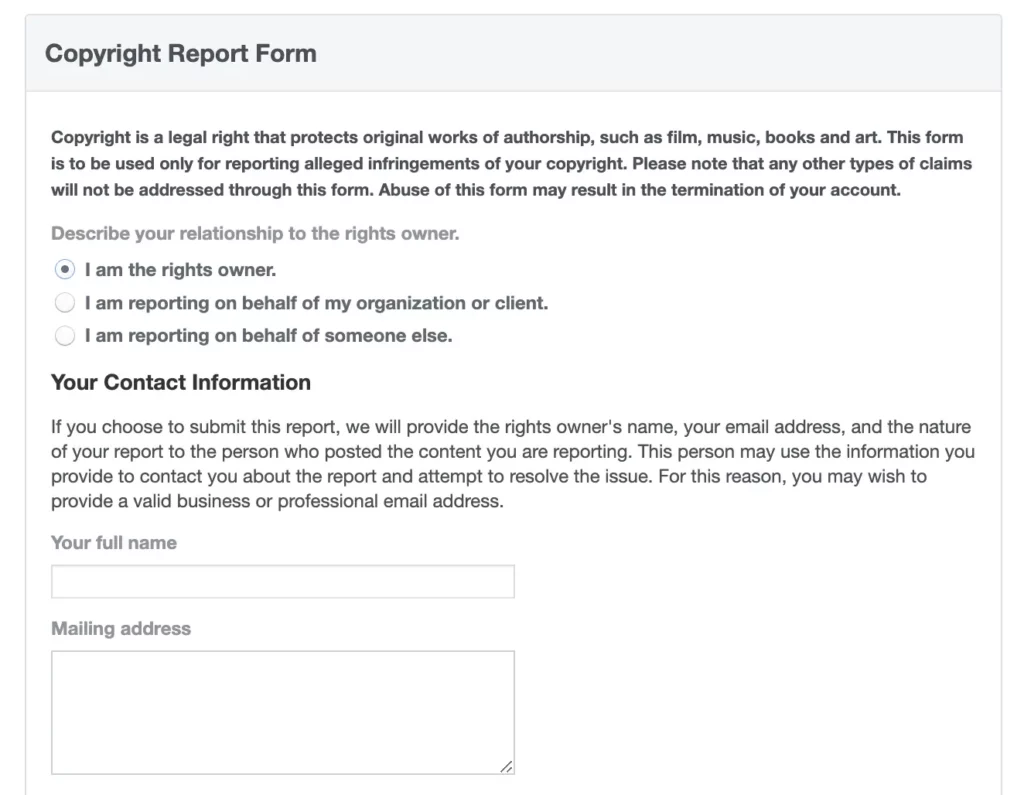 Screenshot of the contact section of Facebook's copyright infringement form.