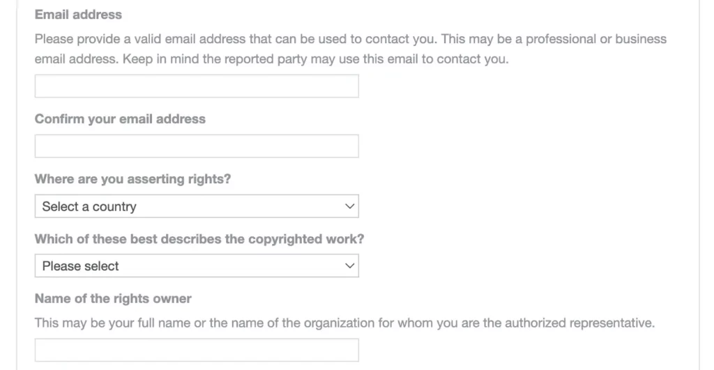 Screenshot of the IP rights location section of Facebook's copyright infringement form.