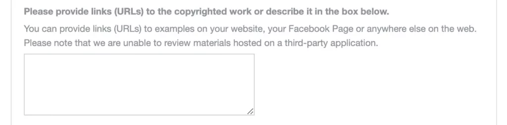 Screenshot of Facebook's copyright infringement form asking for supporting URLs.