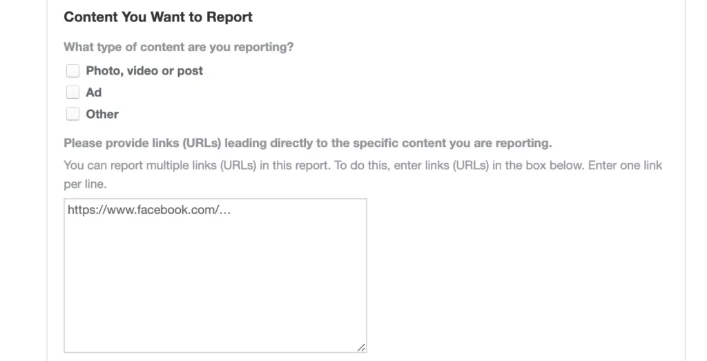 Screenshot of the infringing content section of Facebook's copyright report form.