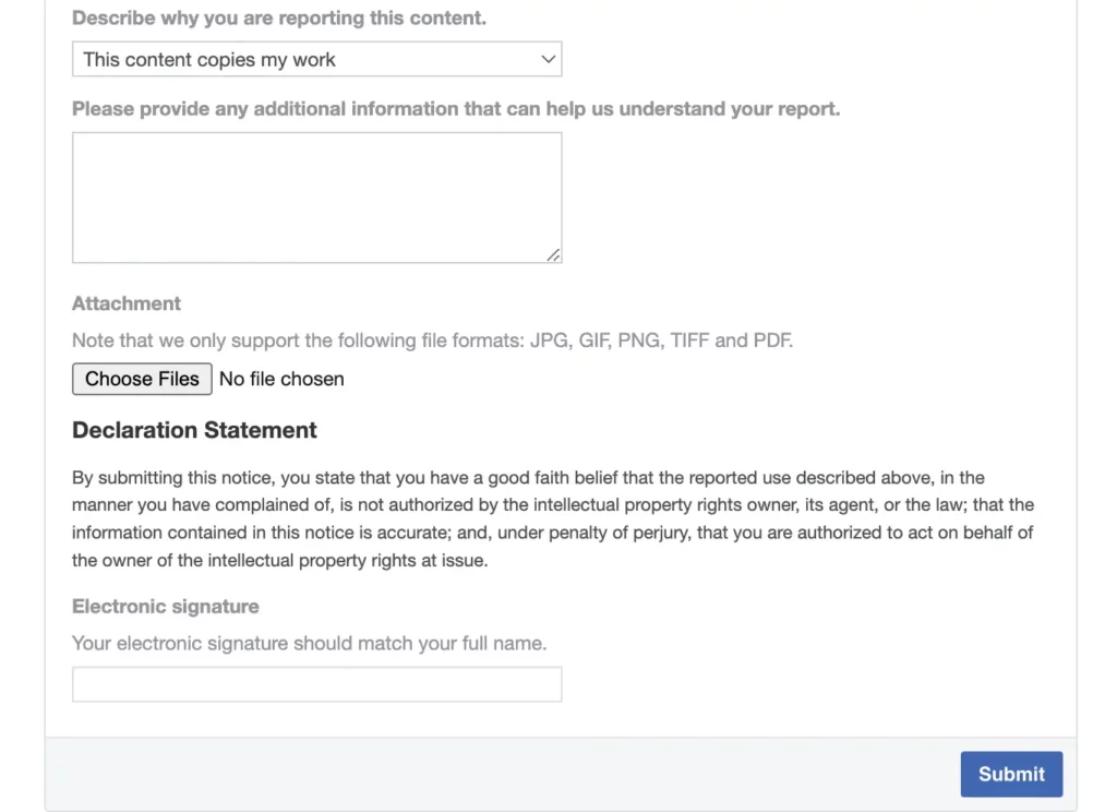 Screenshot of the last steps of Facebook's copyright infringement report.