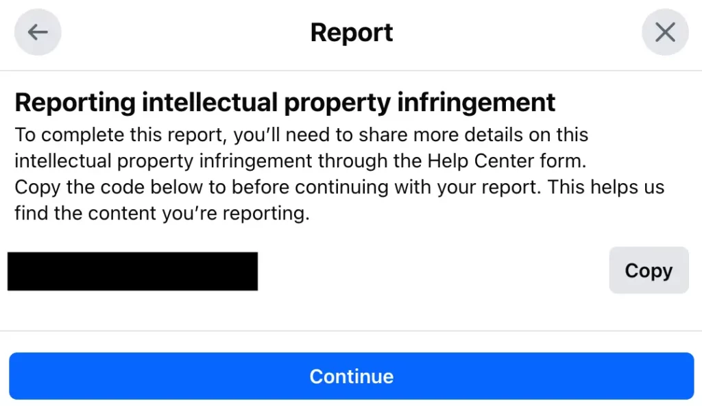 Screenshot of Facebook's intellectual property infringement report option.