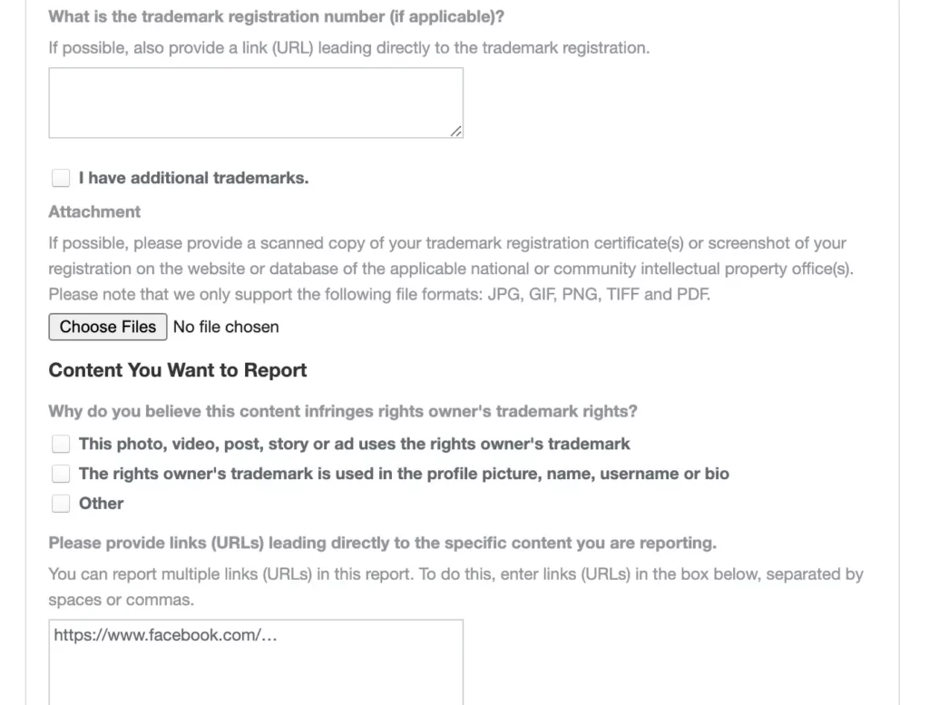 Screenshot of the reported content section of Facebook's trademark infringement form