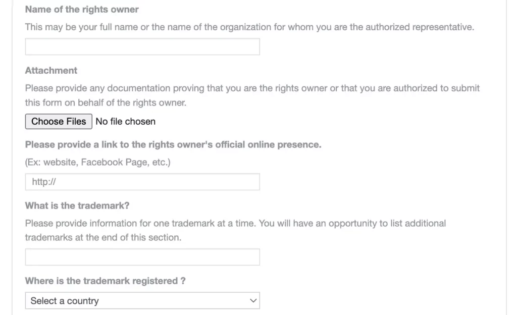 Screenshot of the ownership section of Facebook's trademark infringement form.