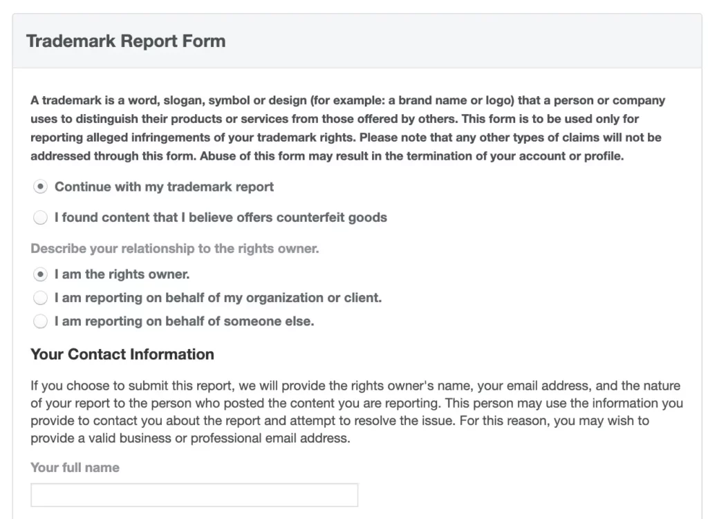 Screenshot of the first section of Facebook's trademark infringement report form.