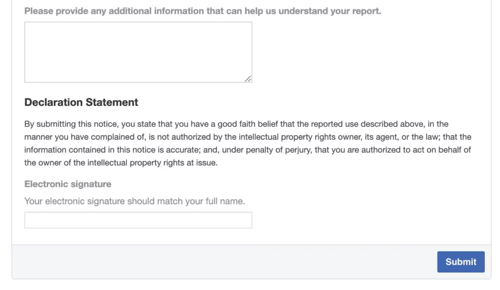Screenshot of the submission section of Facebook's trademark infringement form.