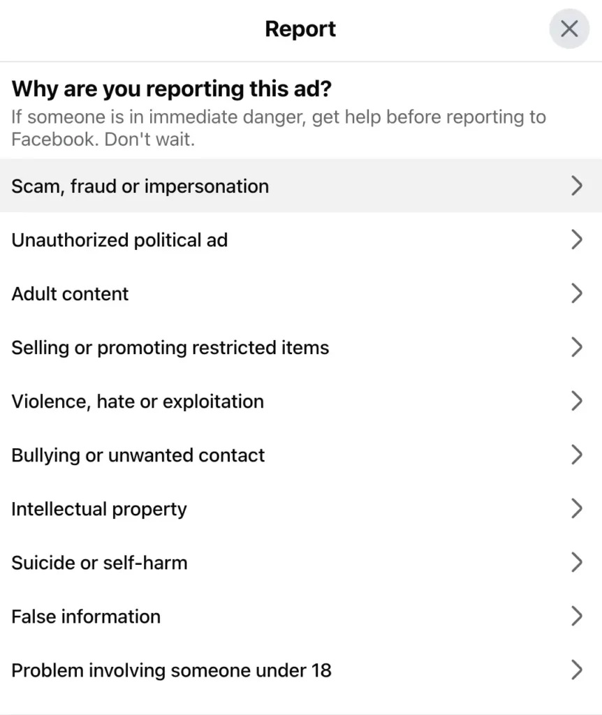 Screenshot of the reasons to report an ad on Facebook
