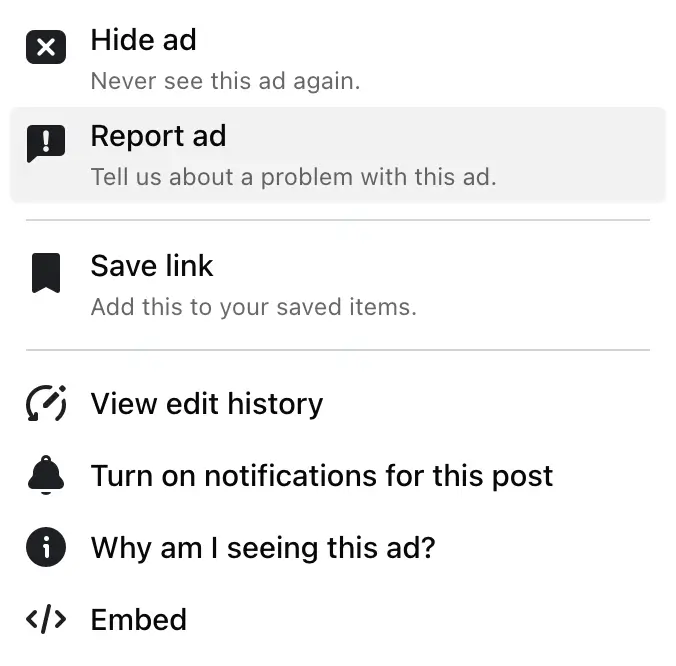 Screenshot of Facebook ad menu options