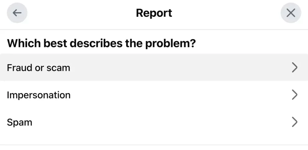Screenshot of three options when reporting a scam ad on Facebook