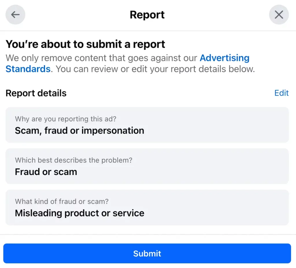 Screenshot of Facebook's review screen before submitting a report for a scam ad
