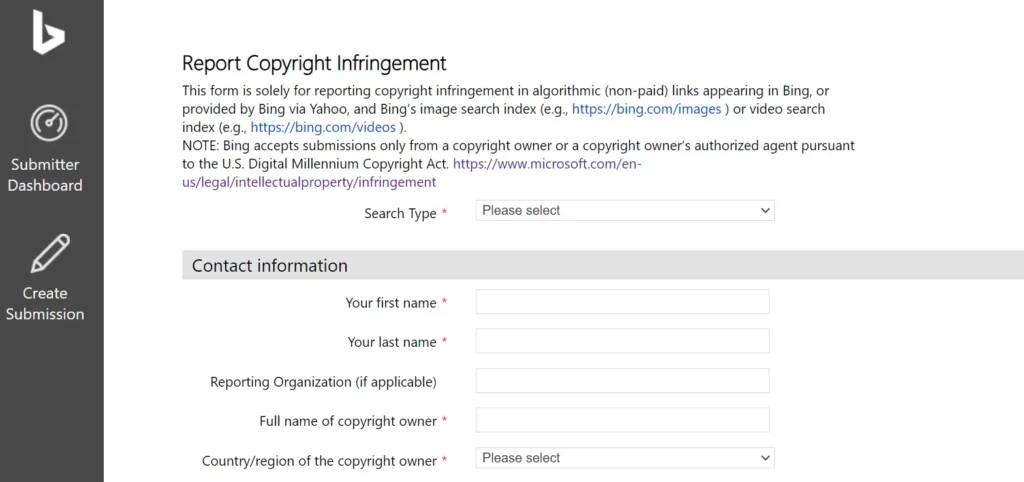 A screenshot of Bing's "Report Copyright Infringement" form, showing fields for search type, contact information, and details about the copyright owner, intended for reporting copyright violations.