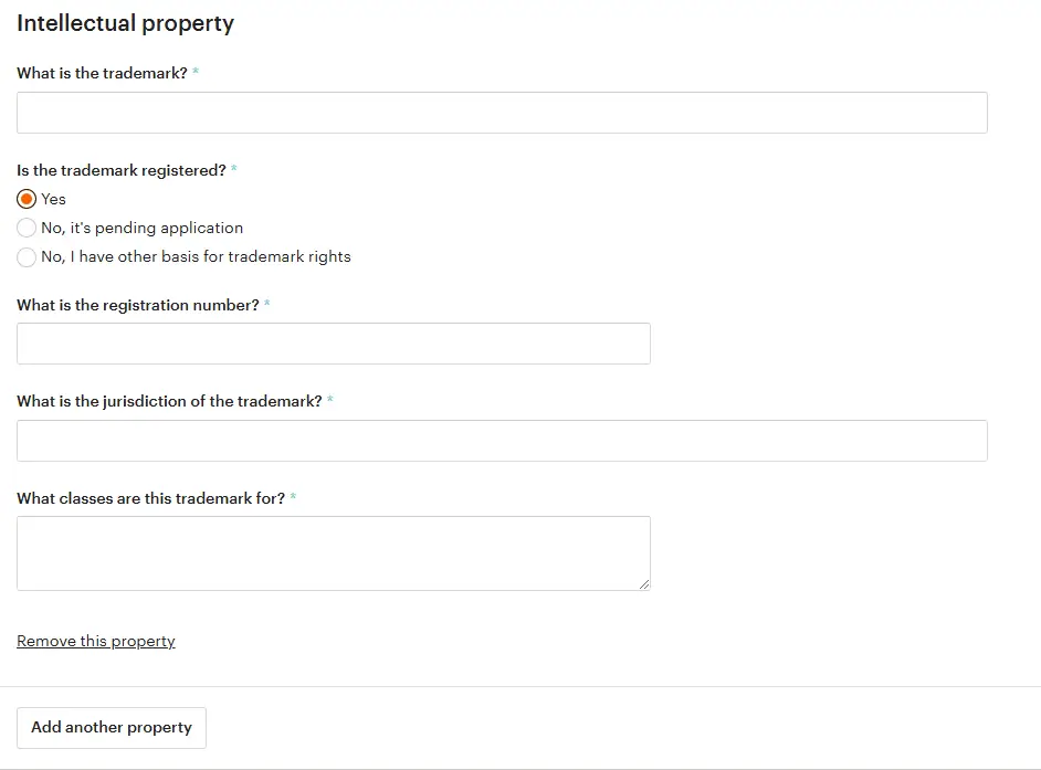 Screenshot of the trademark information needed for Etsy’s IP Infringement Reporting form