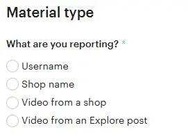 Screenshot of the material types to choose from in the Etsy IP Reporting form.