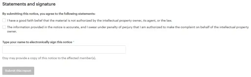 Screenshot of authorization section of the Etsy infringement report form.